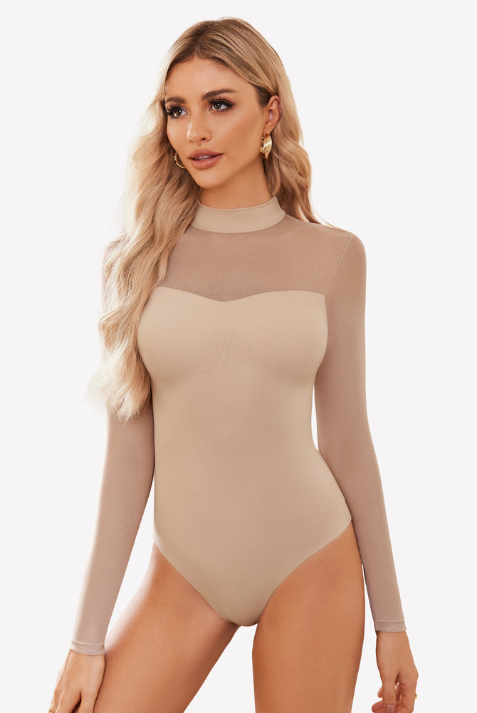 Beige mock turtle neck sheer mesh bodysuit, long sleeve, sexy lingerie.