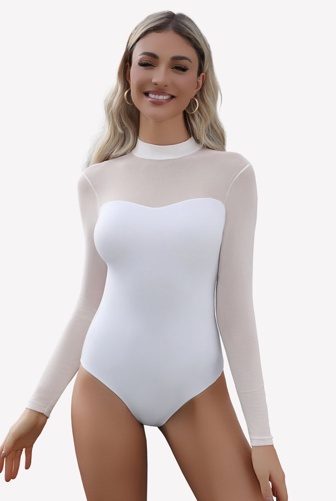 White mock neck mesh bodysuit. Women's sexy lingerie with long sheer sleeves and mock neck.