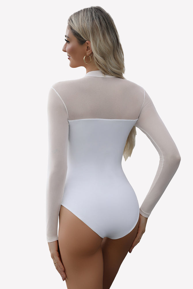 White sheer mesh bodysuit with mock turtleneck and long sleeves. Sexy lingerie for women