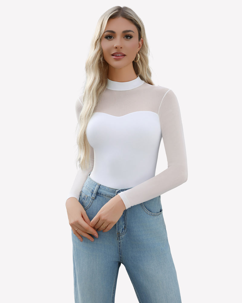White mock neck mesh bodysuit, long sleeve with light blue jeans. Women's sexy lingerie.