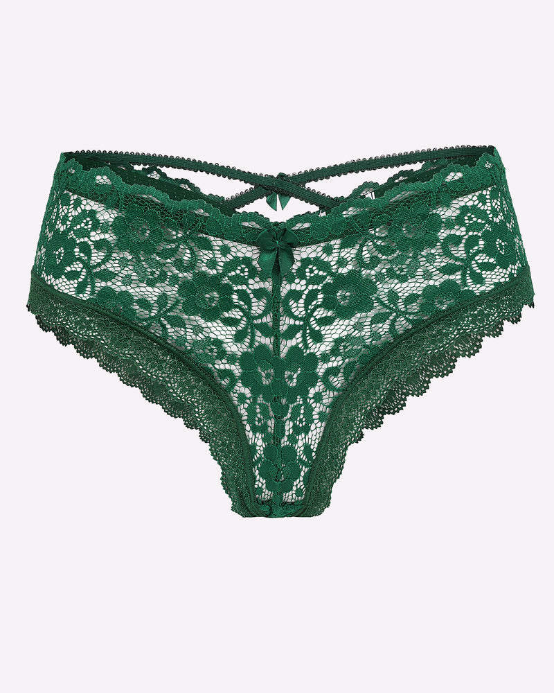 Emerald green lace Avidlove hipster panties with criss-cross back. Feminine, stylish lingerie.