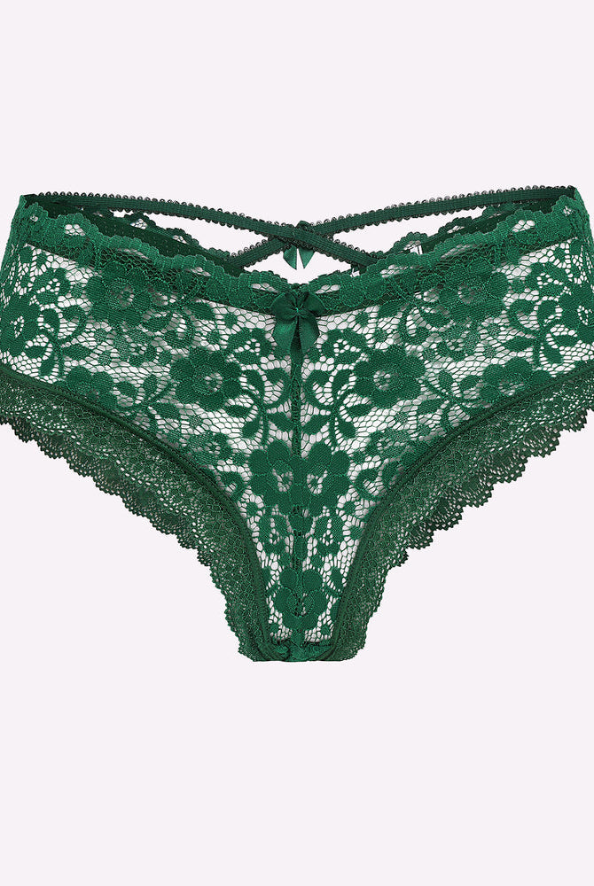 Green lace criss cross back floral panties, Avidlove feminine lingerie design for a sexy look.