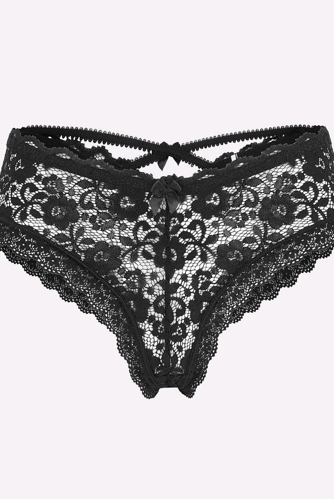 Black lace floral panties with criss-cross back design, Avidlove feminine lingerie for a sexy look.