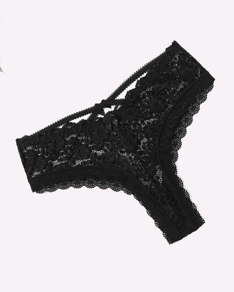 Avidlove black lace thong, criss-cross back, feminine and alluring lingerie design.