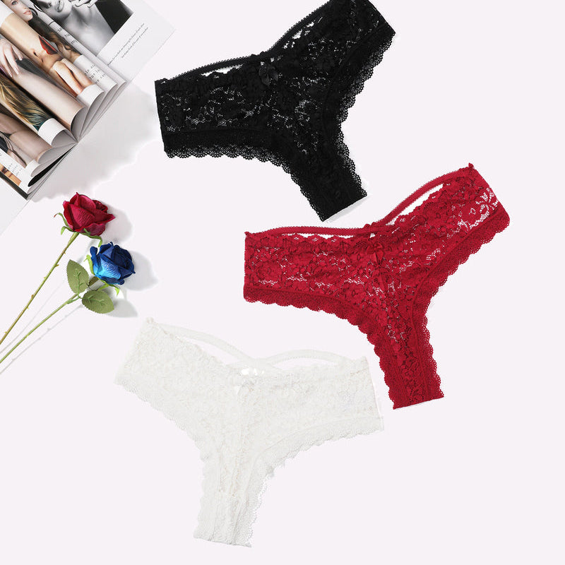 Lace Hipster Panties by Avidlove: black, red, white, with criss-cross back and delicate lace.