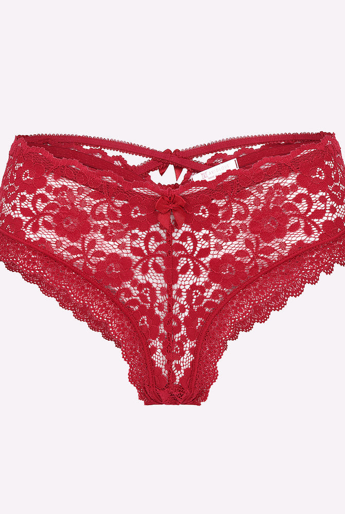 Red lace floral panties with criss-cross back, Avidlove lingerie for a sexy look.