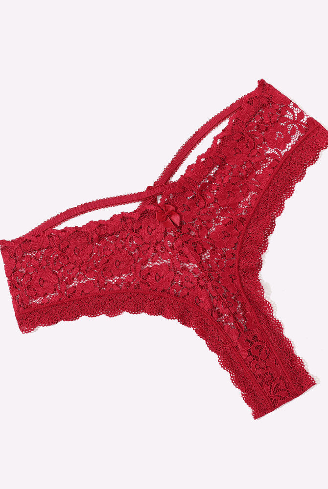 Avidlove red lace criss-cross back floral panties. Feminine, alluring design for a sexy look.