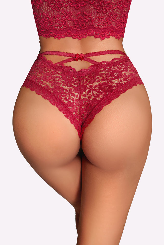 Avidlove red lace hipster panties with criss-cross back and floral pattern, feminine lingerie