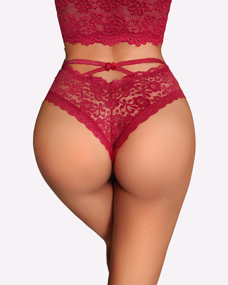 Avidlove burgundy lace criss-cross back panties. Feminine design with floral pattern, sexy lingerie.