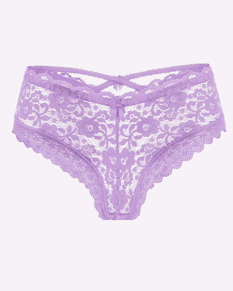 Purple lace Criss Cross Back floral panties for a feminine look.