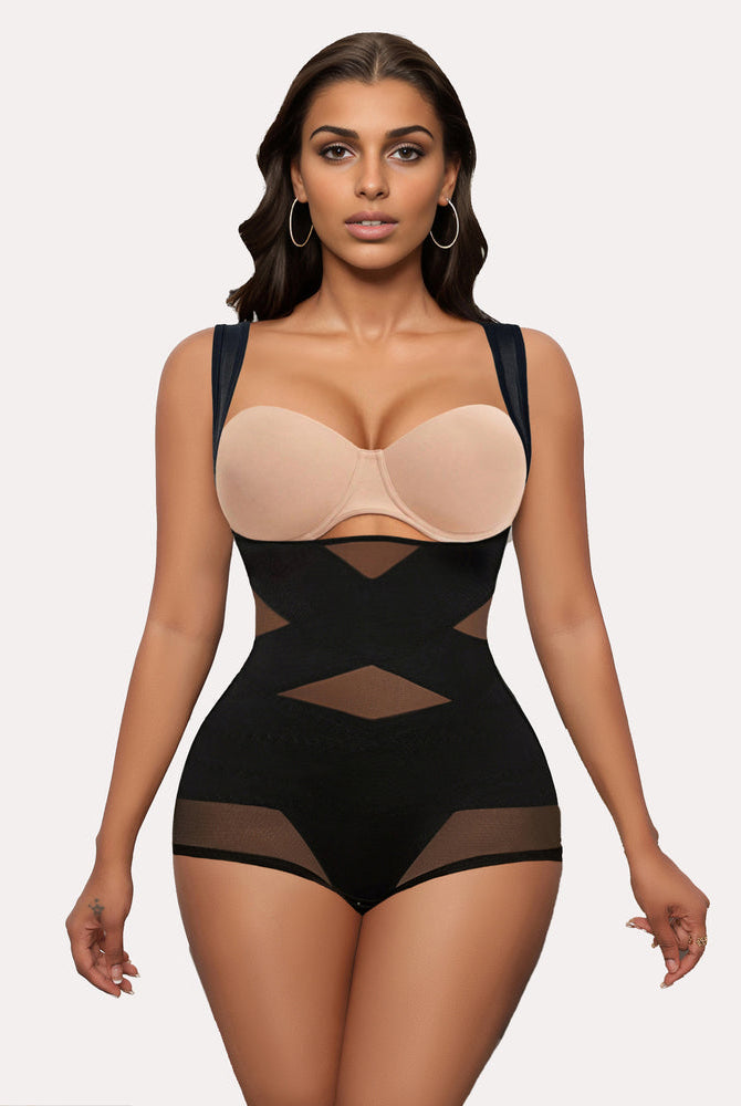 Tummy control bodysuit shapewear in black with X-cross design. Comfortable, perfect for daily use.