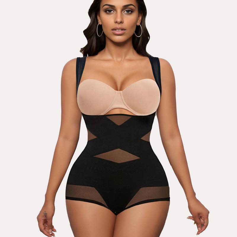 Tummy control bodysuit shapewear in black with X-cross design. Comfortable, perfect for daily use.