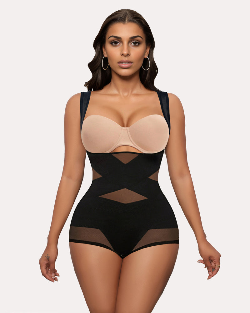 Tummy control bodysuit shapewear in black with X-cross design. Comfortable, perfect for daily use.