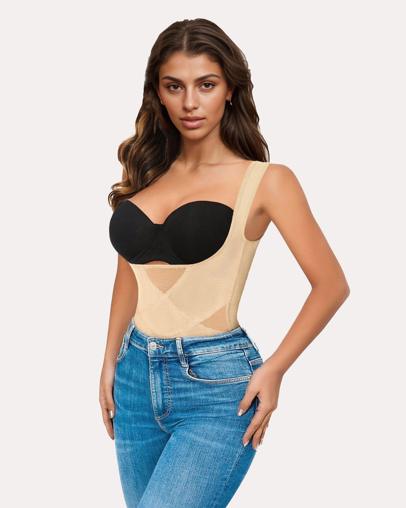 Beige X-cross design tummy control bodysuit, comfortable shaping for daily wear, worn with jeans.