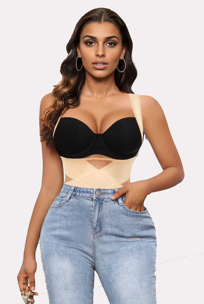 Tummy control bodysuit in beige with X-cross design, offering comfortable shaping for daily wear.