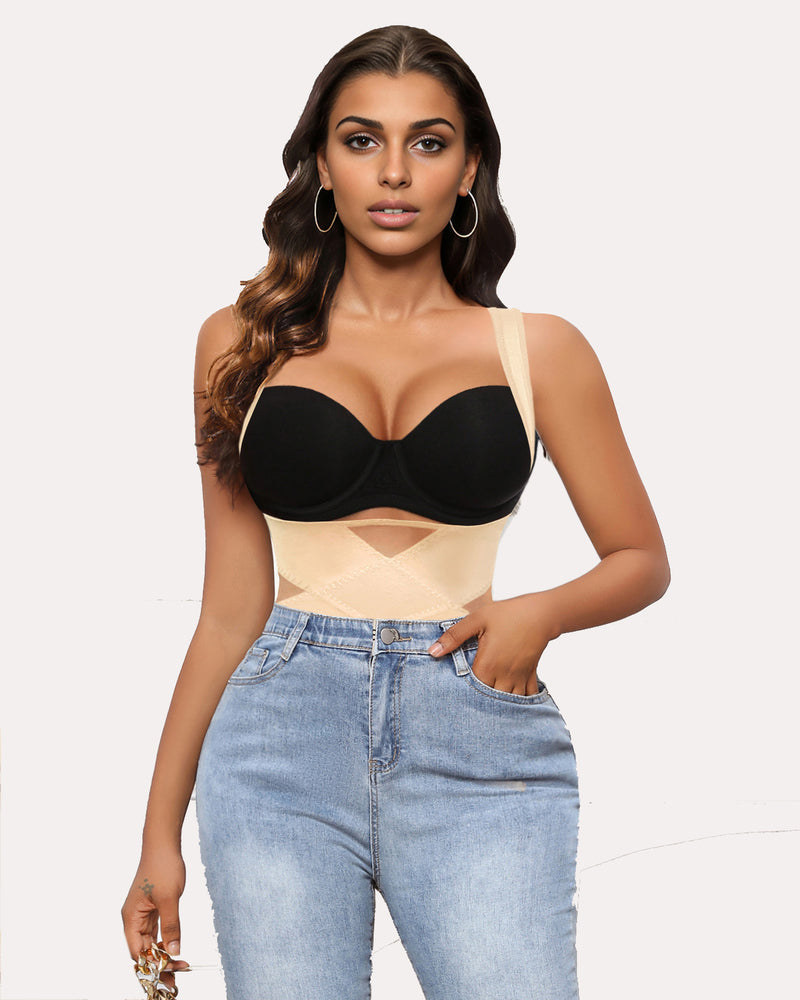 Tummy control bodysuit in beige with X-cross design, offering comfortable shaping for daily wear.