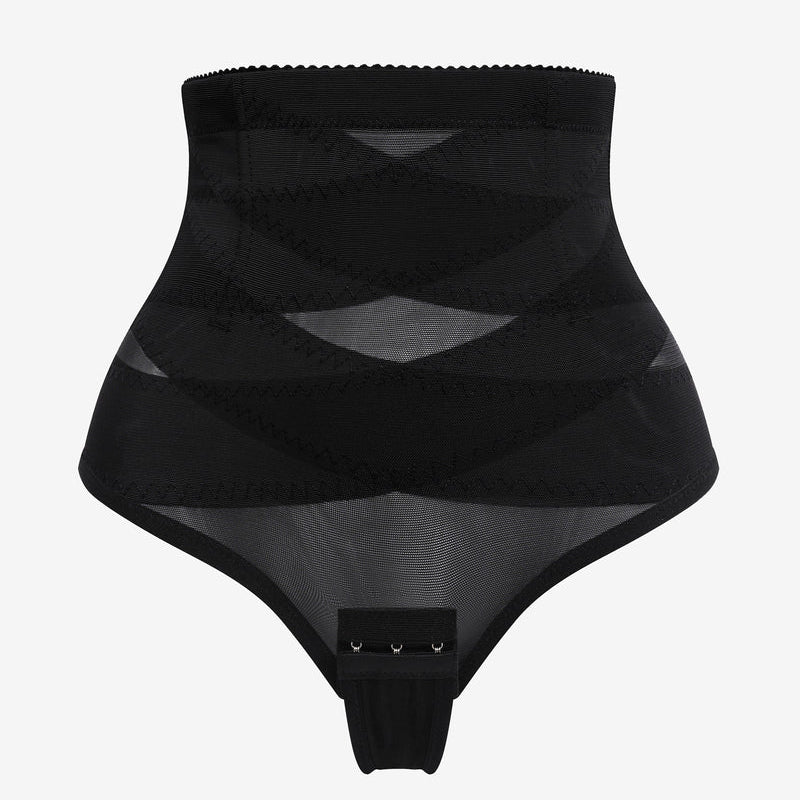 Black high-waisted thong shapewear with mesh design for tummy control and smooth silhouette
