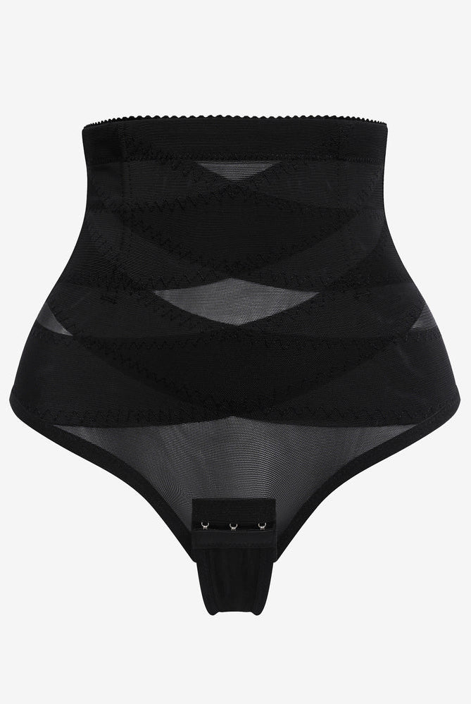 Black high-waisted thong shapewear with mesh design for tummy control and smooth silhouette