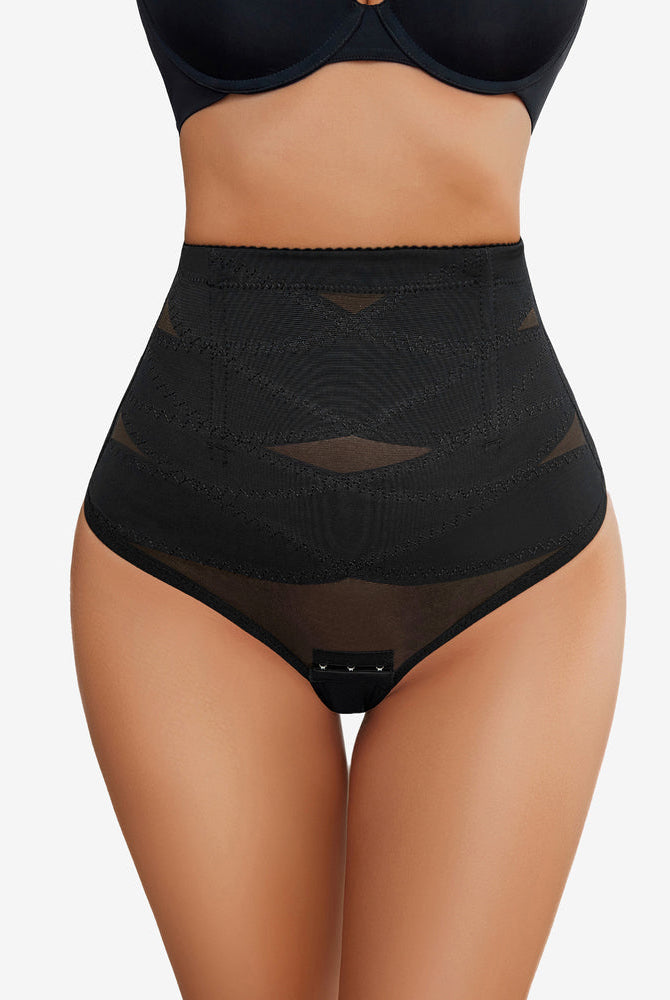 Black high-waisted shapewear thong with mesh and hook closure for tummy control