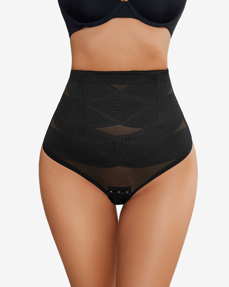 Black high-waisted shapewear thong with mesh and hook closure for tummy control