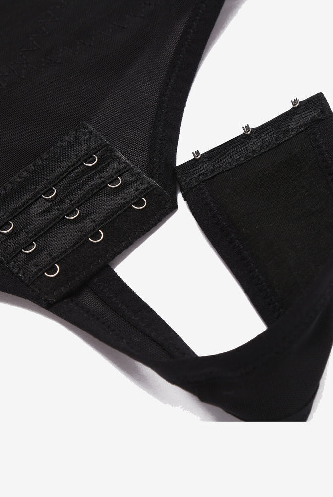 Black high-waisted thong shapewear with hook closure detail, mesh fabric, for tummy control