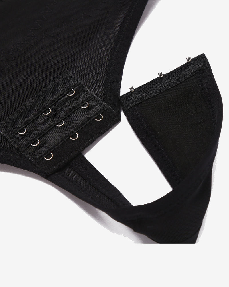 Black high-waisted thong shapewear with hook closure detail, mesh fabric, for tummy control