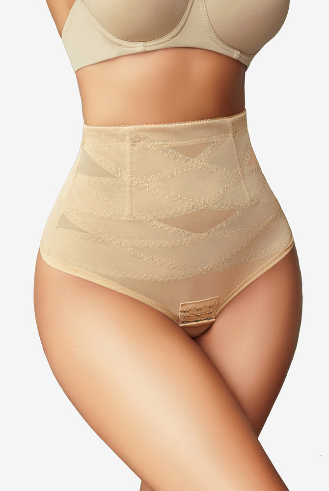 Beige high-waisted tummy control thong shapewear; mesh design and hook closure for stomach control.