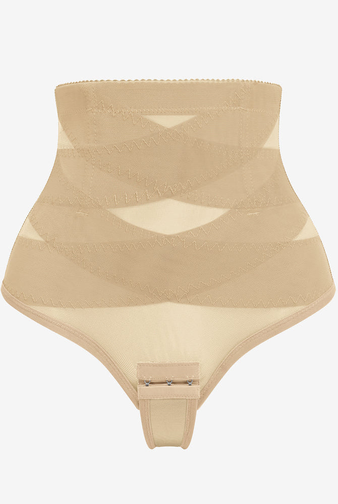 Beige high-waisted shapewear with mesh design and hook closure for tummy control.