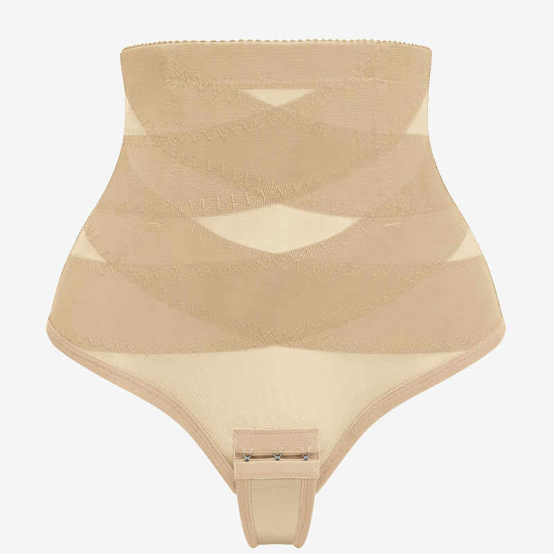 Beige high-waisted shapewear with mesh design and hook closure for tummy control.