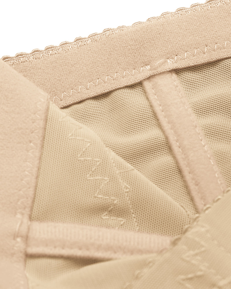 Beige tummy control shapewear close-up: breathable mesh, firm waist control