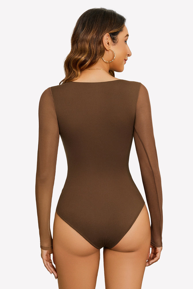 Brown square neck mesh leotard top with long sleeves, showing the back view on a woman.