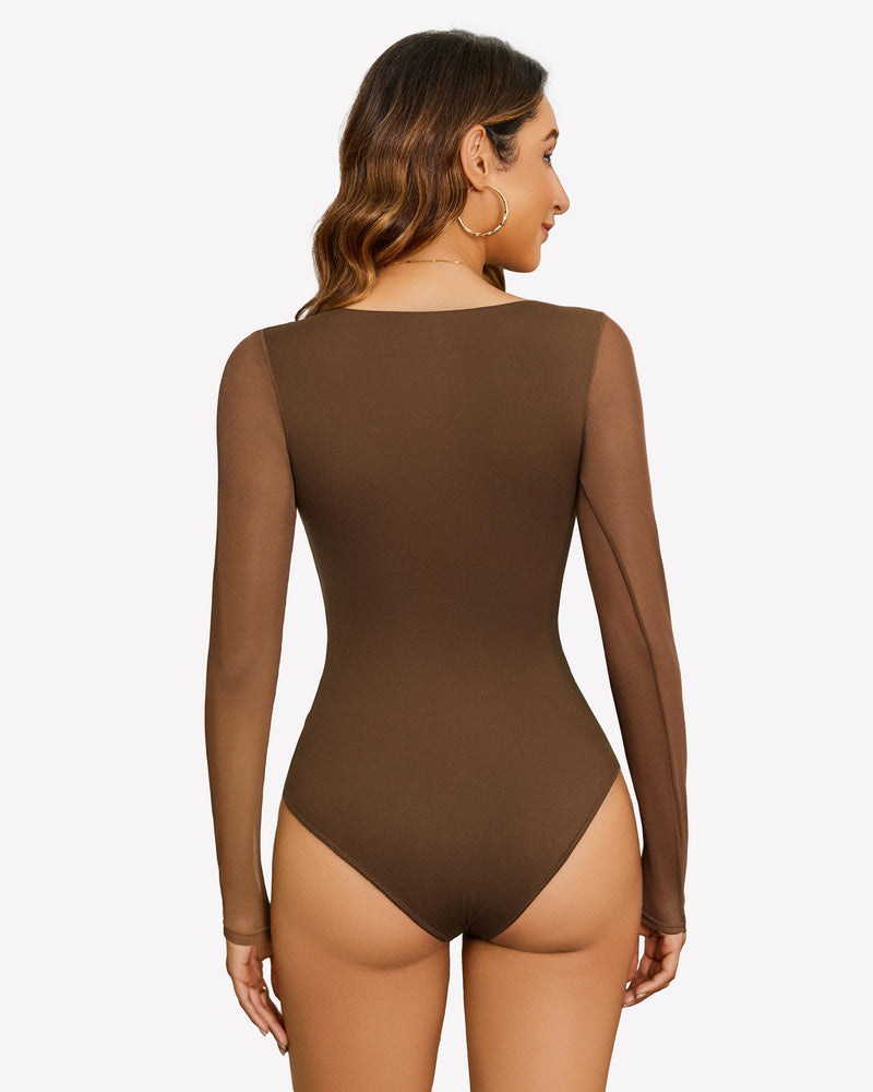 Brown square neck mesh leotard top with long sleeves, showing the back view on a woman.