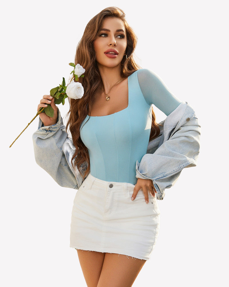 Avidlove light blue square neck mesh leotard top with mesh sleeves and a white skirt, bodycon style