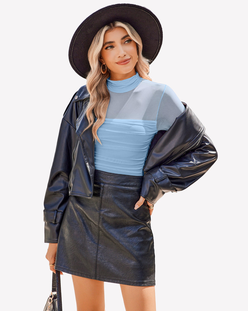 Blue mesh turtleneck bodysuit, black skirt, leather jacket, and hat. Going out outfit for women.