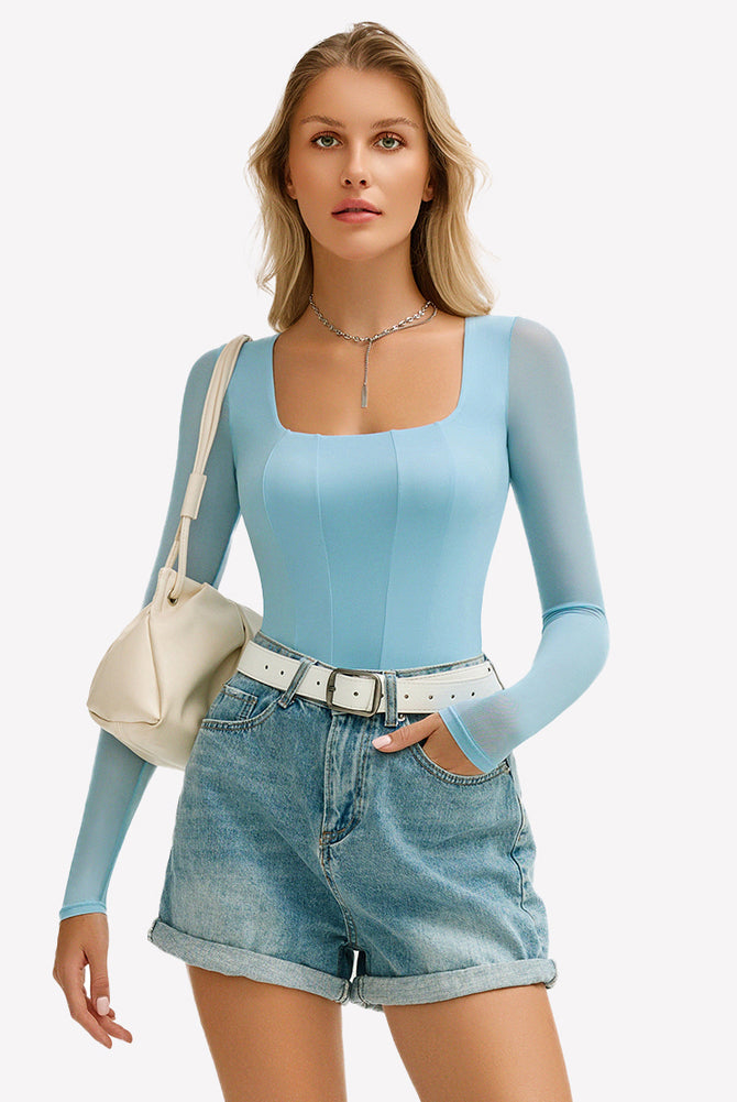 Light blue square neck mesh leotard top with denim shorts, showcasing bodycon style