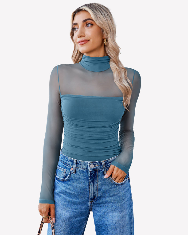 Teal mesh leotard shirt with ruched front and blue jeans. Perfect going out outfit for women.