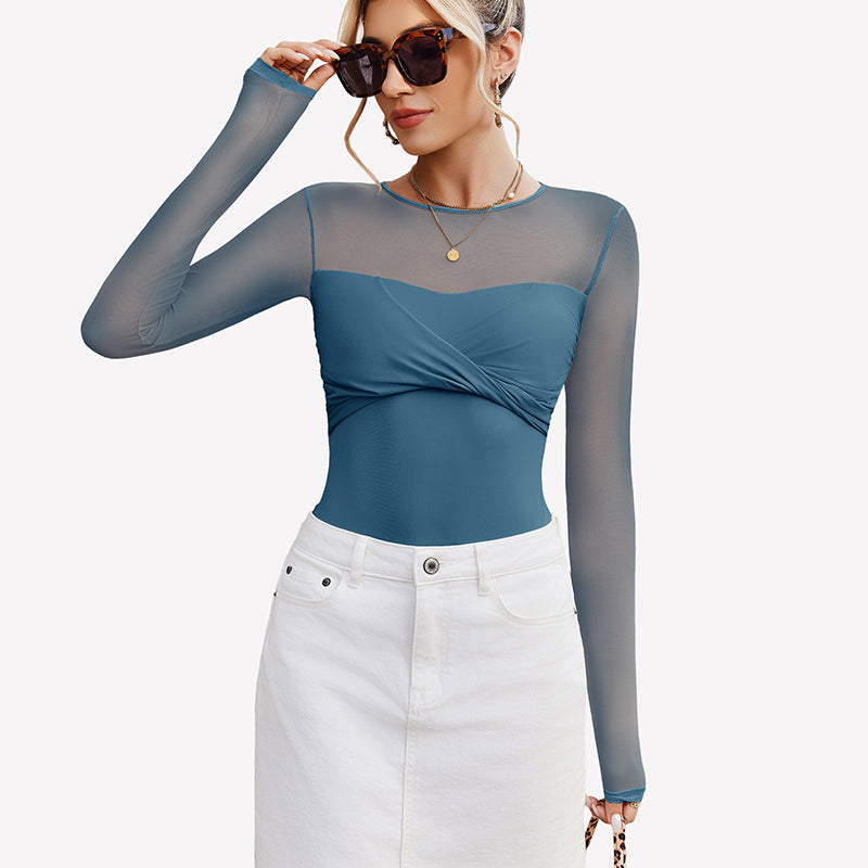 Long Sleeve Sheer Leotard Twist Knot Tops