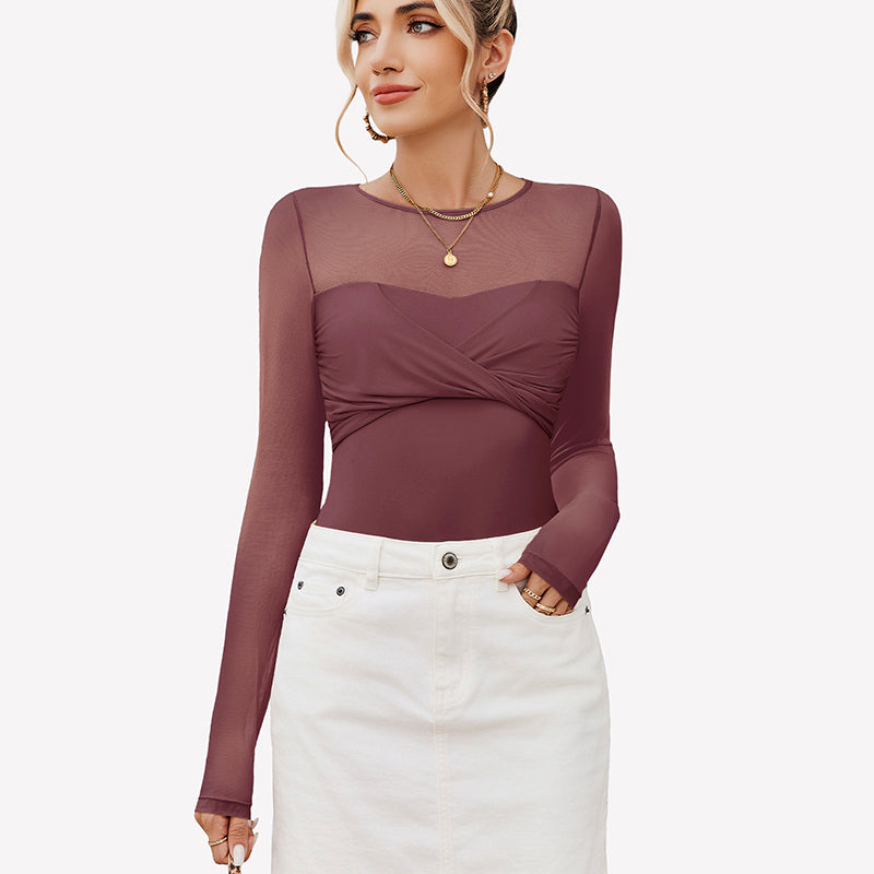 Long Sleeve Sheer Leotard Twist Knot Tops