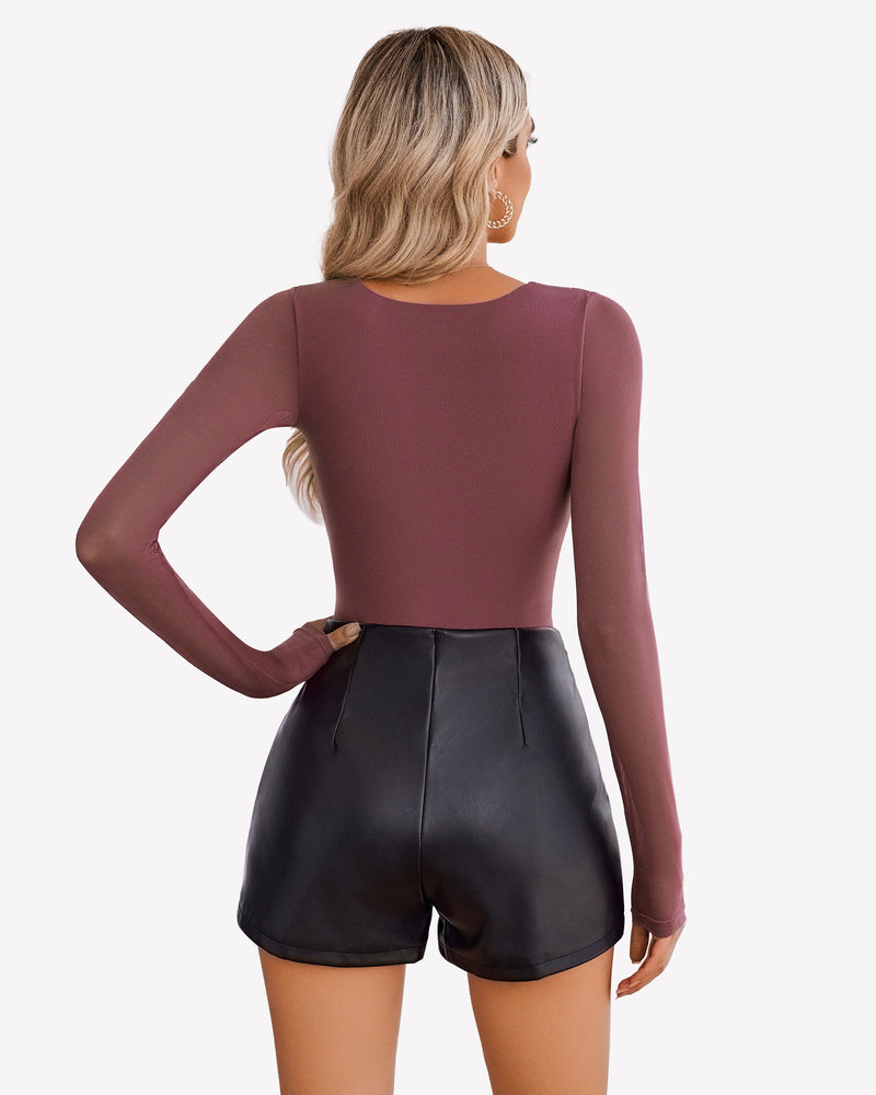 Burgundy square neck mesh leotard top with long sleeves and black shorts. Avidlove bodycon style.