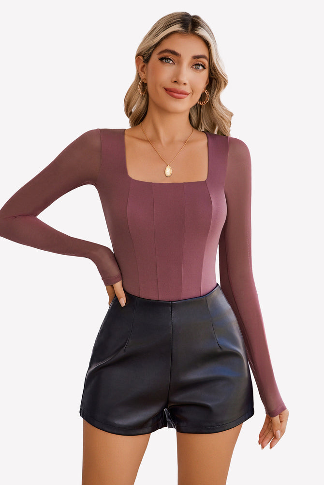 Burgundy square neck mesh leotard top with mesh sleeves and black shorts. Avidlove bodycon style.