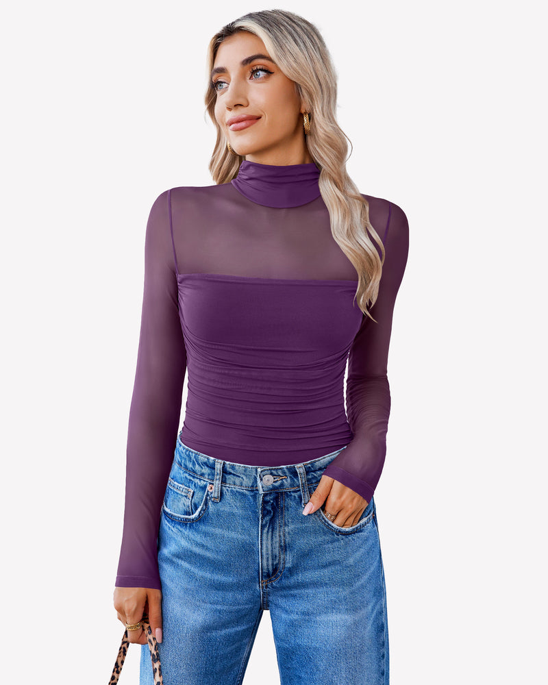Purple mesh bodysuit with ruched front, and long sleeves, with blue jeans. Perfect going out outfit.