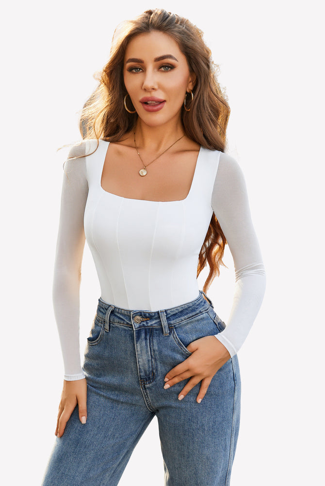 White square neck mesh leotard top with mesh sleeves and jeans by Avidlove, bodycon style