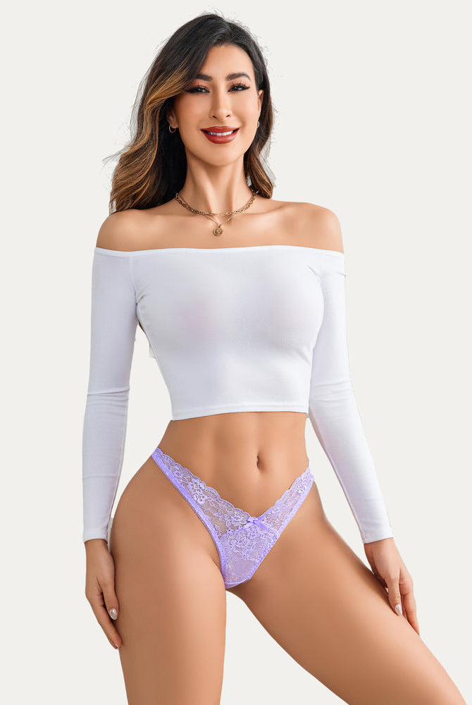 Avidlove sexy light purple lace G-string thong panty on a woman, floral design and comfortable