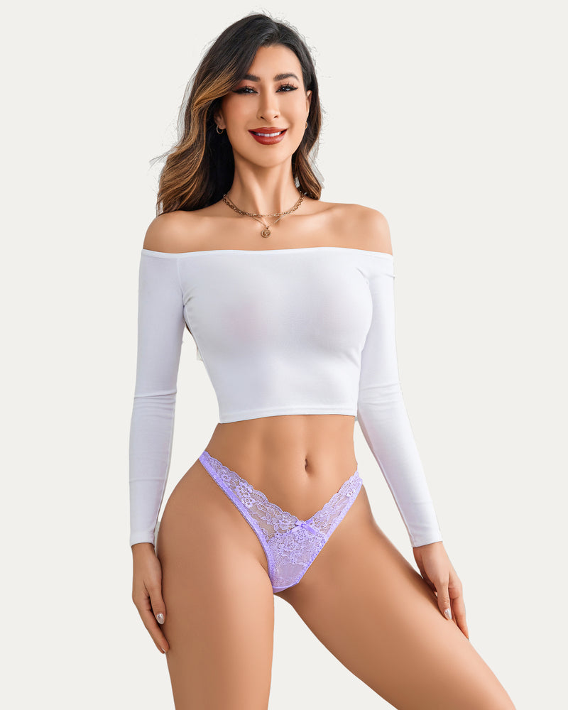 Avidlove sexy light purple lace G-string thong panty on a woman, floral design and comfortable