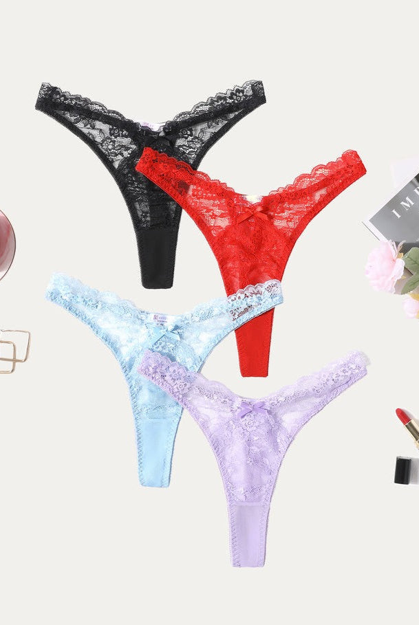 Avidlove lace g-string panties set: black, red, light blue, and lavender. Sexy lace underwear