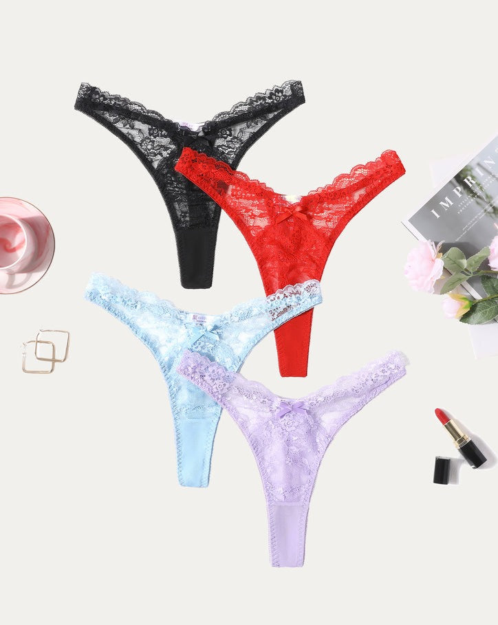 Avidlove lace g-string panties set: black, red, light blue, and lavender. Sexy lace underwear