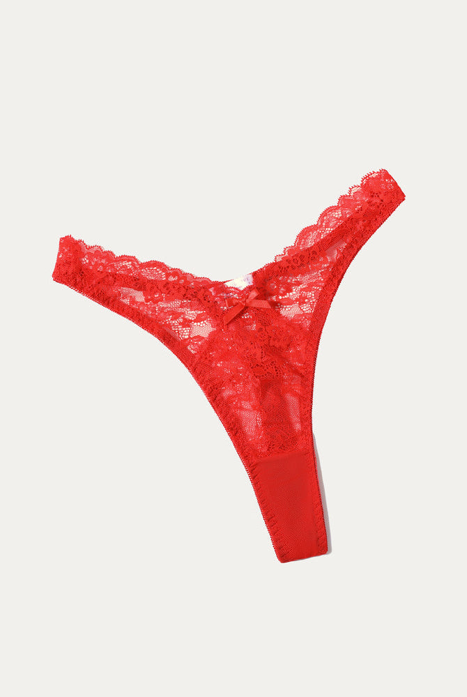 Red lace G-string thong panty by Avidlove. Floral lace design, sexy lingerie.