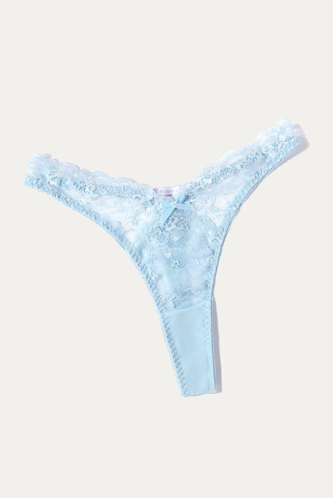 Avidlove light blue lace G-string thong panty. Sexy floral design lingerie for women.
