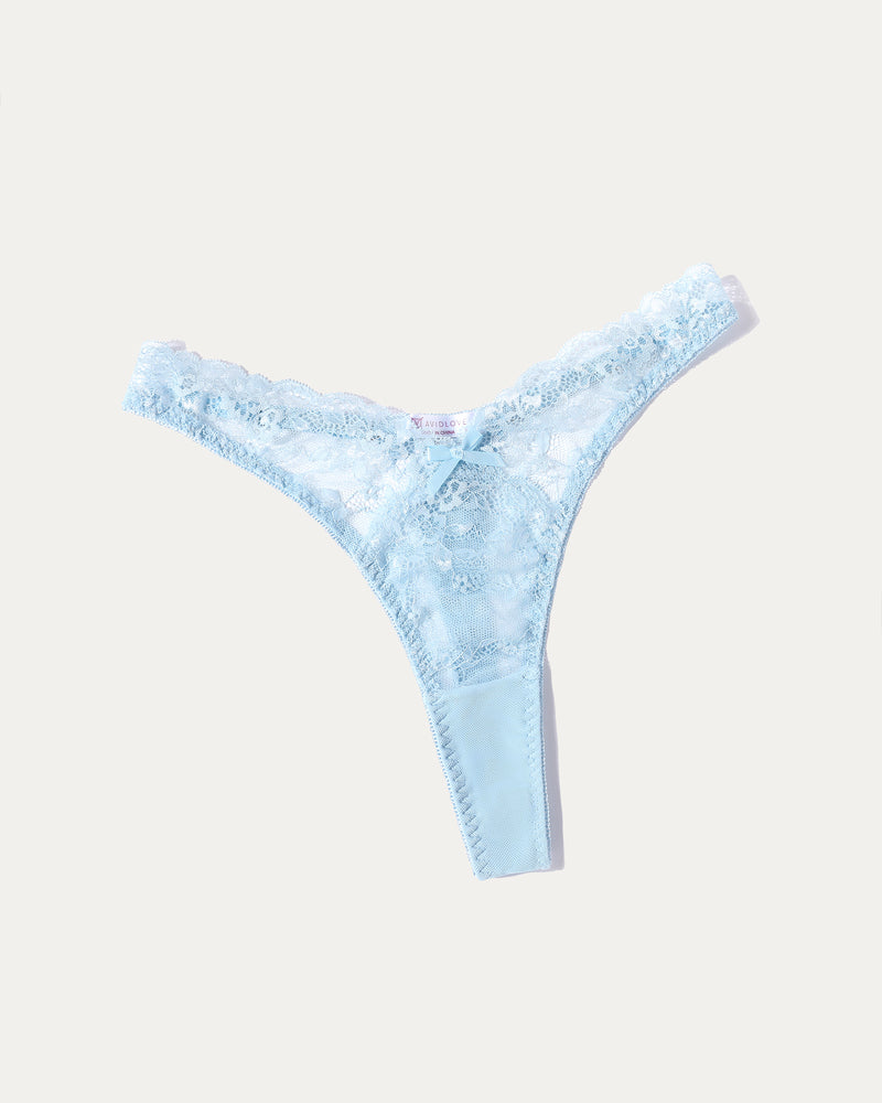 Avidlove light blue lace G-string thong panty. Sexy floral design lingerie for women.