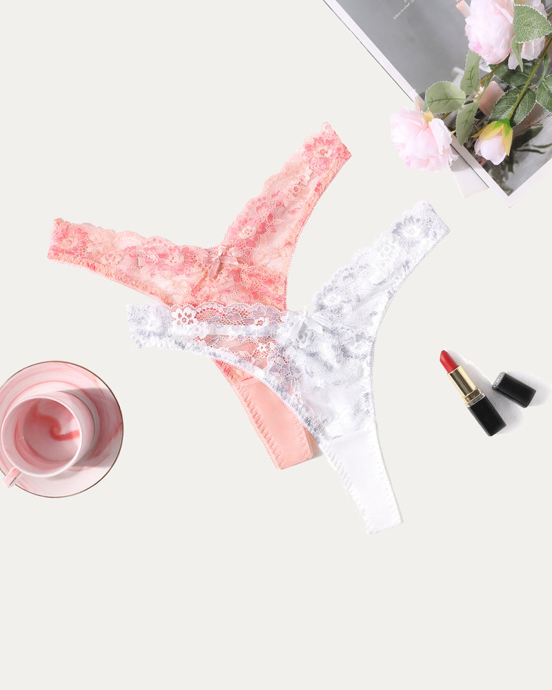 Avidlove floral lace G-string panties set in white and coral. Sexy, comfortable lingerie for women.